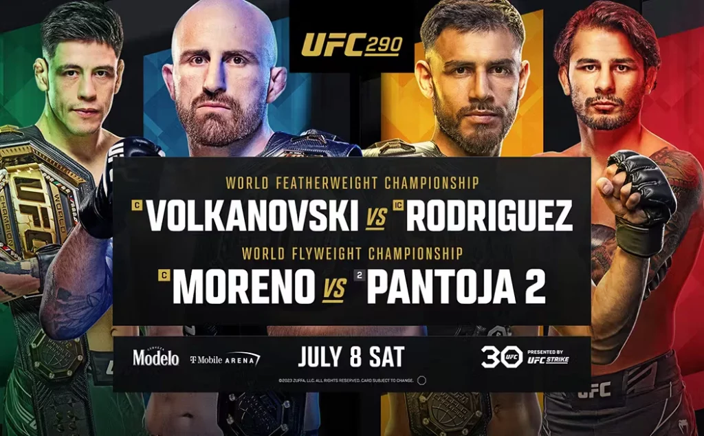 alexander volkanovski vs yair rodrigez brandon moreno vs pantoja UFC 290 en vivo gratis